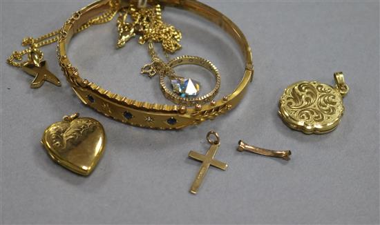 A 9ct gold, sapphire and diamond-set hinged bangle, two lockets, a 9ct gold eternity ring and sundries